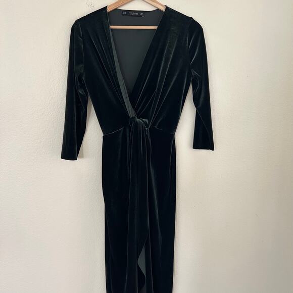 Zara Midi Dress Velvet Green SZXS Knot Front Deep V Front Slit Ruched Whimsygoth - Picture 5 of 12